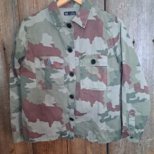 Gorpcore Utilitarian Zara TRF Camo Military Jacket Women L Olive Green Button Up